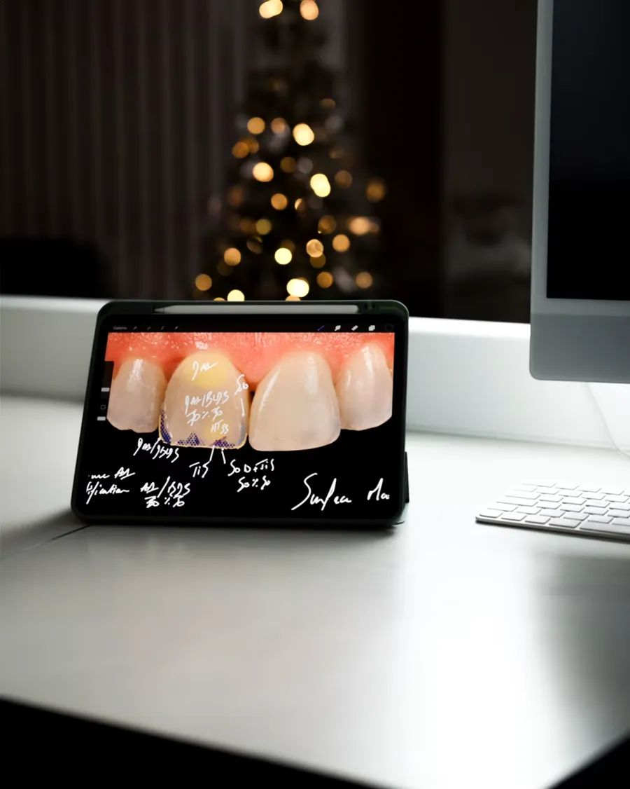 Tablet showing a veneer design annotated with the ceramists, illustrating the prosthetic collaboration at Dr Bruno Abehassera's practice in Levallois-Perret